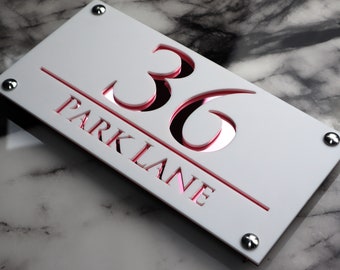 House Wall Plaques UK | Luxe A4 | Chic Wall Décor Acrylic | Modern House Plaque | Personalised Signs Matt White & Rose Gold | 28cm x 14cm