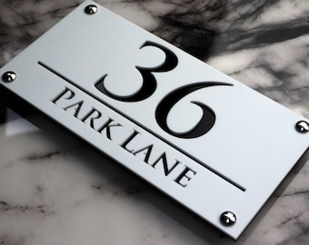 House Wall Plaques UK | Luxe A4 | Stylish House Numbers | Custom Acrylic Plaque | Personalised Door Signs White & Black Mirror | 28cm x 14cm