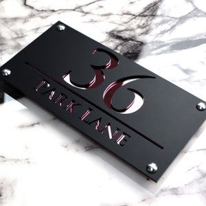 House Wall Plaques UK | Luxe A4 | House Name Sign | Sleek Acrylic Laser cut Design | Personalised Home Décor Black & Rose Gold  28cm x 14cm