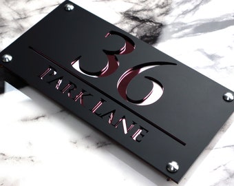 House Wall Plaques UK | Luxe A4 | House Name Sign | Sleek Acrylic Laser cut Design | Personalised Home Décor Black & Rose Gold  28cm x 14cm