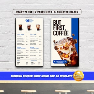 Pode incluir: Um modelo de menu de café moderno para telas 4K. O menu apresenta um logotipo "Blue Coffee Bean" e um sinal "But First, Coffee" com uma imagem de bebida de café. O menu inclui opções de café frio, chá frio e frappé.