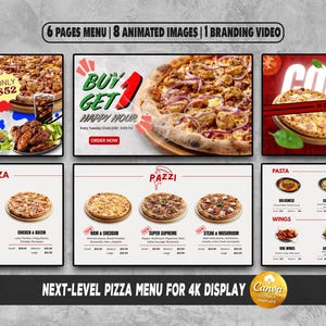 Op de afbeelding: Een digitaal menu voor een pizzeria, met verschillende pizza-opties en combo-deals. Het menu bevat afbeeldingen van pizza's, pasta en salades. Tekst op het menu is onder meer "Buy 1 Get 1 Happy Hour" en "Next-Level Pizza Menu for 4K Display".