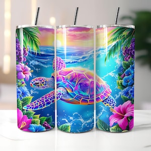 May include: Three stainless steel tumblers with a vibrant, colorful design of a sea turtle swimming in the ocean. The background features a sunset, waves, and tropical flowers in pink, blue, and purple.