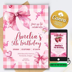 Modèle d'Invitation coquette vichy rose pour premier anniversaire, carte d'anniversaire de bébé numérique, modèle modifiable, 2e anniversaire girly d'invitation