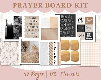 May include: A prayer board kit with various elements. Includes images, text, and patterned papers. Text includes "PRAYER BOARD KIT", "PRAISE", "THANKS", "REPENT", "REQUESTS", "SURRENDER", "BLESSINGS", "VISIONS", and inspirational words. The kit contains 42 pages and 185+ elements.