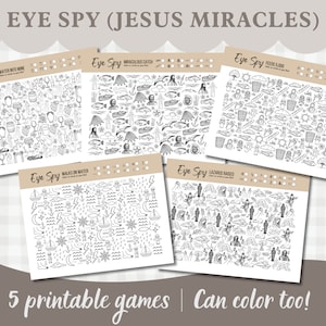 Puede incluir: Cinco juegos de búsqueda visual imprimibles con ilustraciones de los milagros de Jesús. Cada juego tiene un tema de milagro diferente, como convertir el agua en vino, la pesca milagrosa, alimentar a 5.000, caminar sobre el agua y resucitar a Lázaro. Los juegos son en blanco y negro y se pueden colorear.