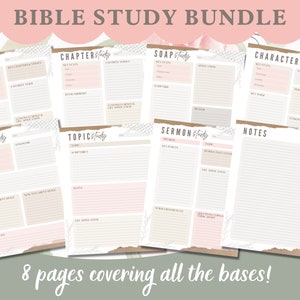 May include: Printable Bible study bundle with 8 pages covering different study methods: Book, Chapter, Word, Topic, SOAP, Character, Sermon, and Notes. The pages have a light pink and brown colour scheme with floral accents.