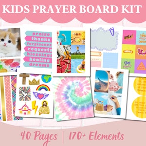 Könnte beinhalten: Ein druckbares Kindergebet-Brett-Set mit 40 Seiten und über 170 Elementen. Das Set enthält bunte Bilder, Aufkleber und Textvorlagen, die Kinder in ihrer Gebetszeit verwenden können. Einige der Bilder zeigen eine Katze, einen Regenbogen, eine Kirche, ein Batik-Muster und ein Sparschwein.
