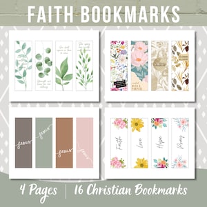 Könnte beinhalten: Ein Satz von 16 druckbaren christlichen Lesezeichen mit floralen und Blattmotiven. Die Lesezeichen enthalten inspirierende Zitate und Sätze wie "Sie soll in Zeit und Ewigkeit herrschen", "Mit einem Zweck", "Erschüttert", "Jesus", "Glaube", "Liebe", "Hoffnung", und "Beten".