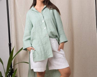 Asymmetrical tunic/ Mint shirt/ Plus size linen clothing/ Long sleeve shirt/ Oversized linen shirt/ Linen button up shirt