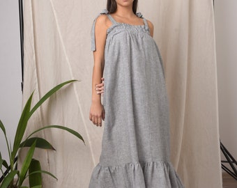Kaftan Maxi Dress/ Maxi Linen Dress/ Maxi Kaftan Dress/ Linen Dress Plus Size/ Loose linen dress/ Striped dress/ Tied straps dress