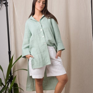 Asymmetrical tunic/ Mint shirt/ Plus size linen clothing/ Long sleeve shirt/ Oversized linen shirt/ Linen button up shirt image 1