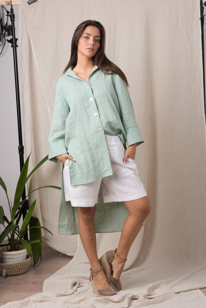 Asymmetrical tunic/ Mint shirt/ Plus size linen clothing/ Long sleeve shirt/ Oversized linen shirt/ Linen button up shirt image 1