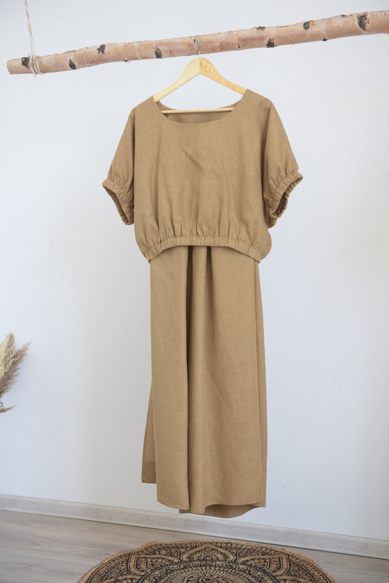 Linen two piece set / Maxi pants / Linen trousers women / Linen crop top / Linen top women / Black linen blouse / Plus size crop top Beige