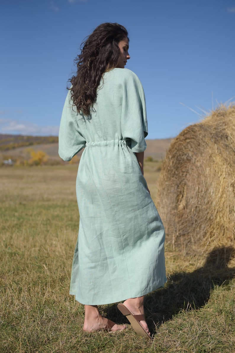 Boho linen dress / Organic linen dress / Linen kaftan / Summer linen dress / Long mint dress / Linen dress plus size / Kaftan maxi dress image 5