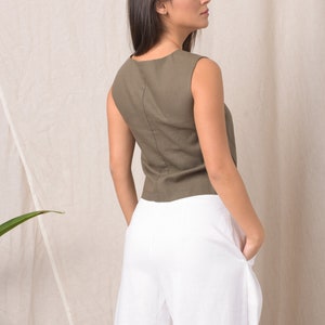 Linen vest women / Linen crop top / Linen top sleeveless / Linen button up shirt / Khaki top / Oversized top / Olive green top / Linen vest image 2