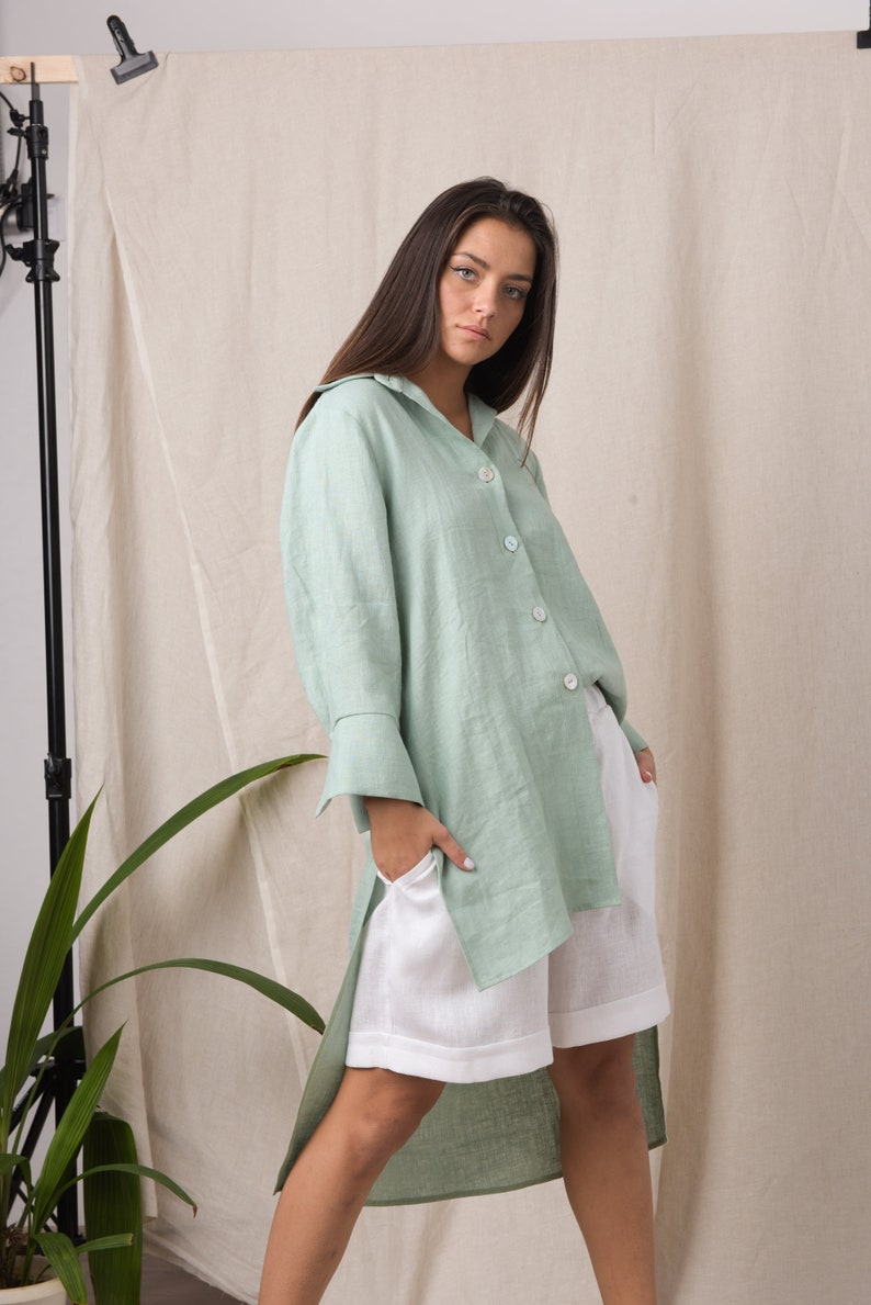 Asymmetrical tunic/ Mint shirt/ Plus size linen clothing/ Long sleeve shirt/ Oversized linen shirt/ Linen button up shirt image 3