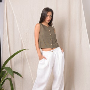 Linen vest women / Linen crop top / Linen top sleeveless / Linen button up shirt / Khaki top / Oversized top / Olive green top / Linen vest image 5