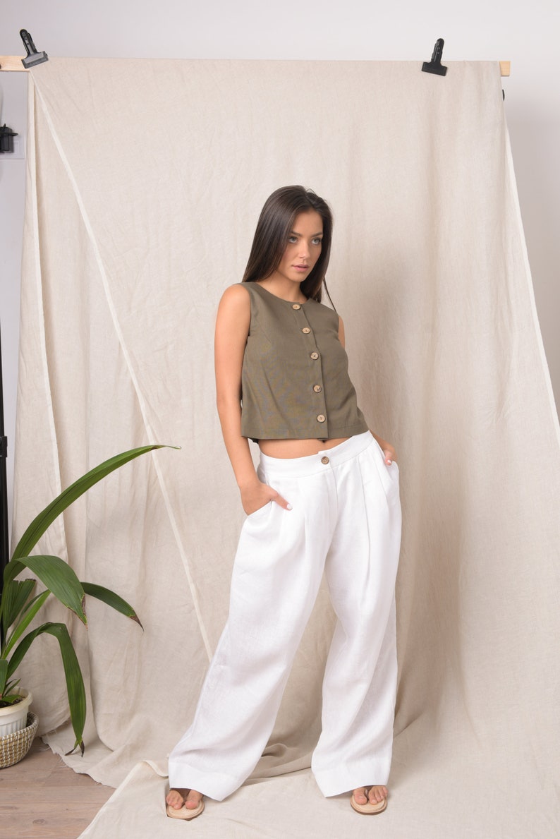 Linen vest women / Linen crop top / Linen top sleeveless / Linen button up shirt / Khaki top / Oversized top / Olive green top / Linen vest image 5