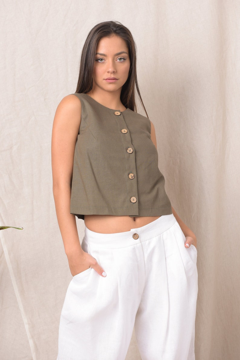 Linen vest women / Linen crop top / Linen top sleeveless / Linen button up shirt / Khaki top / Oversized top / Olive green top / Linen vest image 1