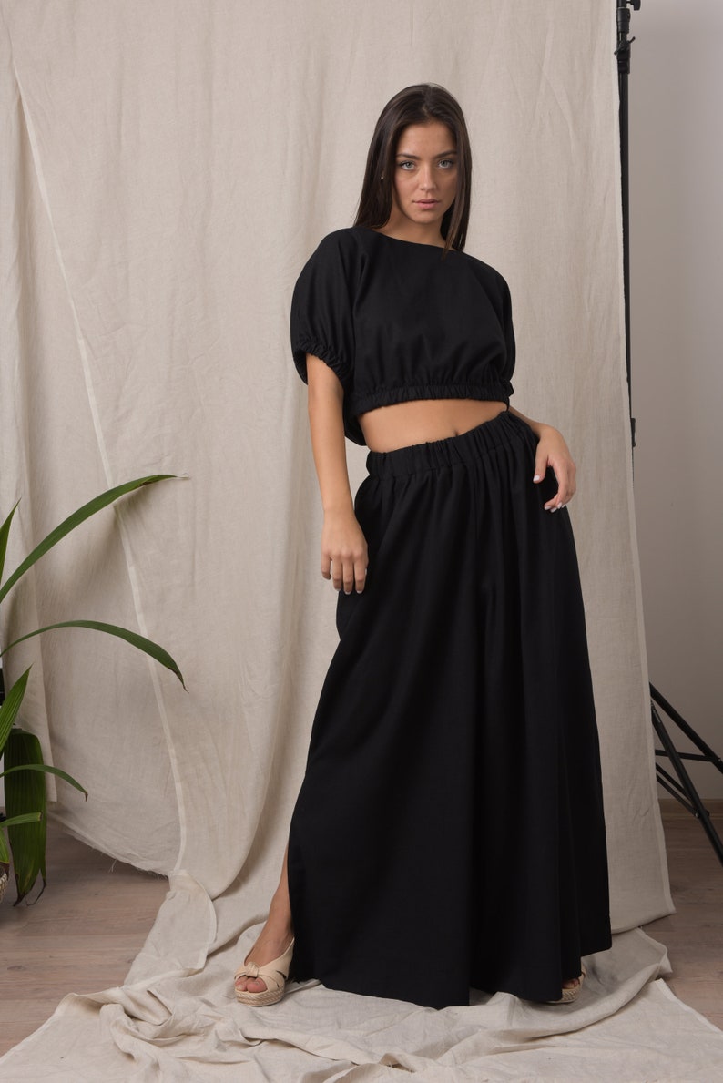 Linen two piece set / Maxi pants / Linen trousers women / Linen crop top / Linen top women / Black linen blouse / Plus size crop top Black