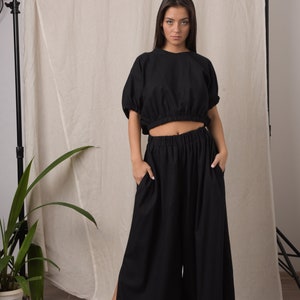 Linen two piece set / Maxi pants / Linen trousers women / Linen crop top / Linen top women / Black linen blouse / Plus size crop top image 4