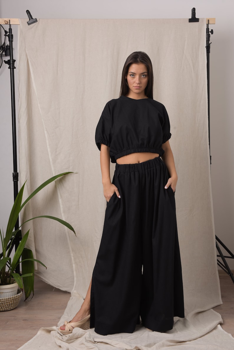 Linen two piece set / Maxi pants / Linen trousers women / Linen crop top / Linen top women / Black linen blouse / Plus size crop top image 4