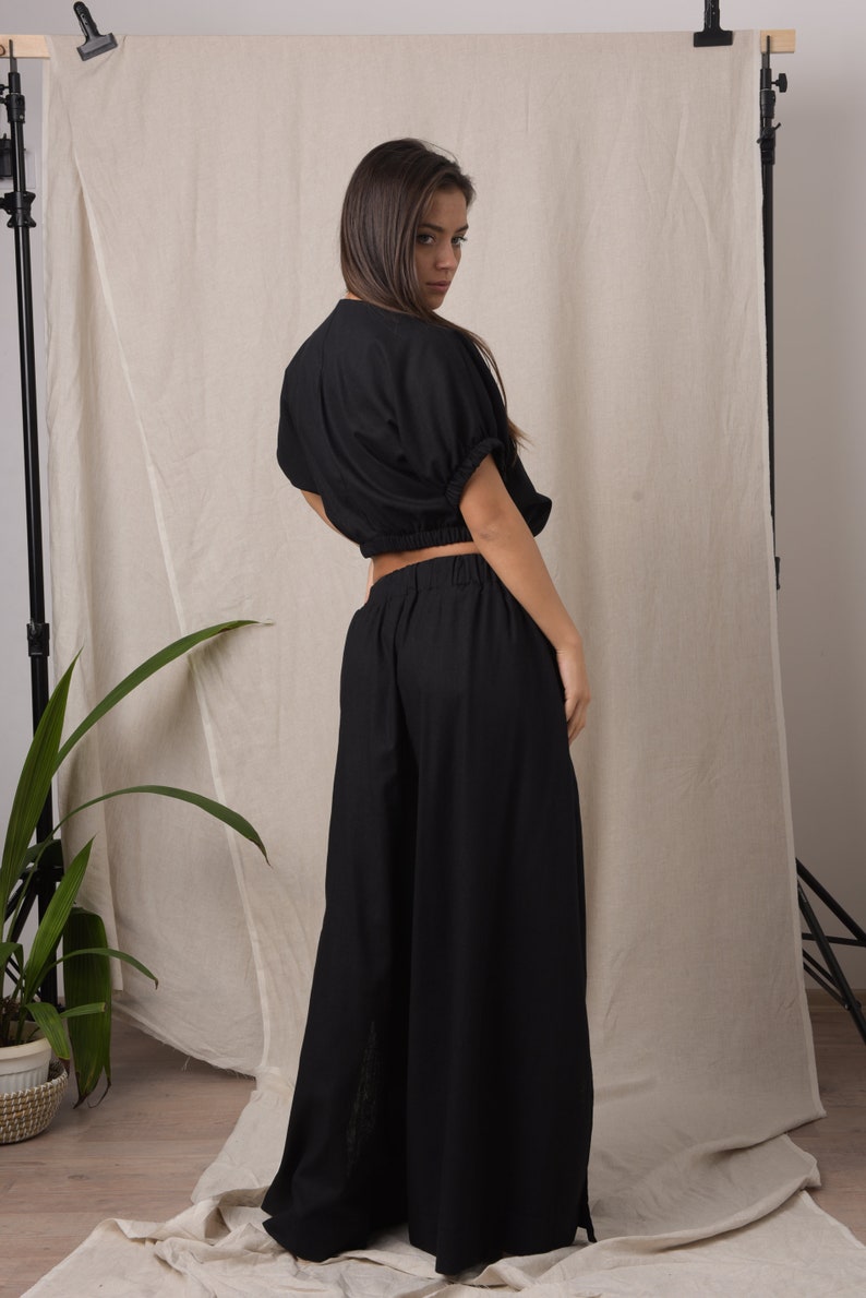 Linen two piece set / Maxi pants / Linen trousers women / Linen crop top / Linen top women / Black linen blouse / Plus size crop top image 2
