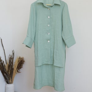 Asymmetrical tunic/ Mint shirt/ Plus size linen clothing/ Long sleeve shirt/ Oversized linen shirt/ Linen button up shirt image 4