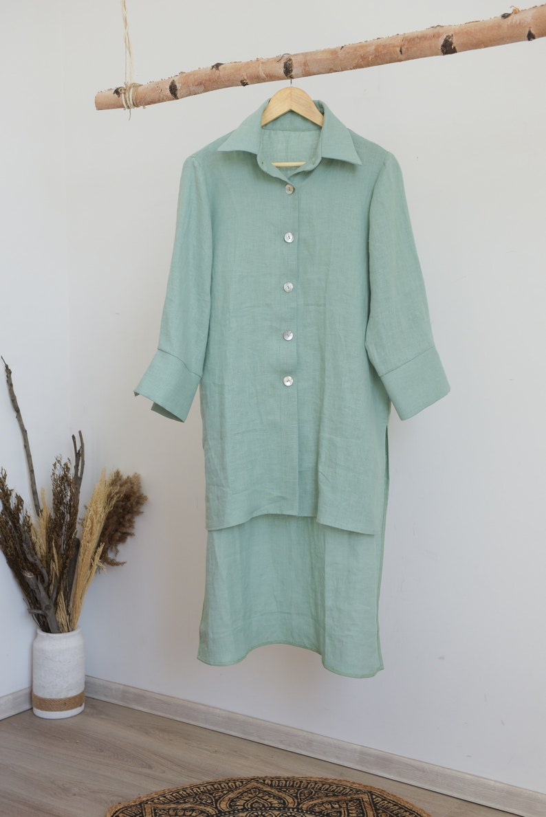Asymmetrical tunic/ Mint shirt/ Plus size linen clothing/ Long sleeve shirt/ Oversized linen shirt/ Linen button up shirt image 4