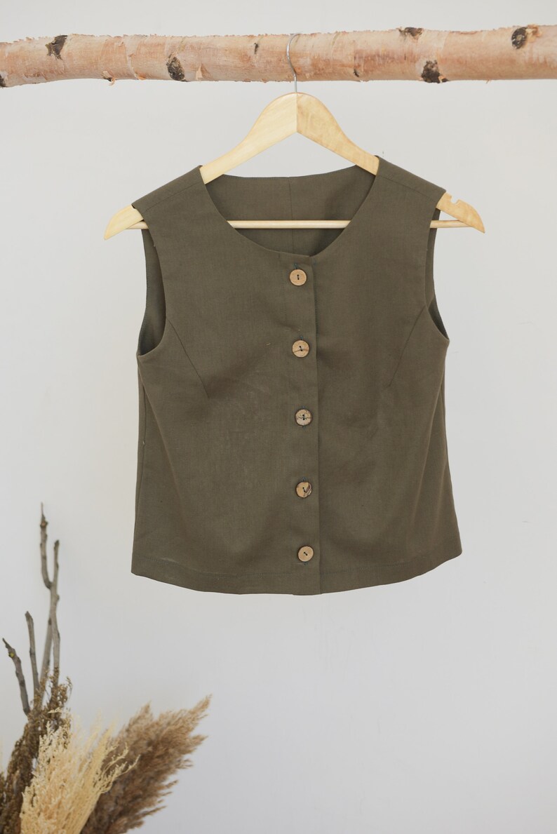 Linen vest women / Linen crop top / Linen top sleeveless / Linen button up shirt / Khaki top / Oversized top / Olive green top / Linen vest image 3