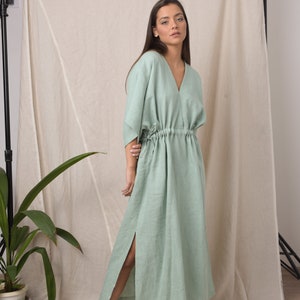 Boho linen dress / Organic linen dress / Linen kaftan / Summer linen dress / Long mint dress / Linen dress plus size / Kaftan maxi dress image 4