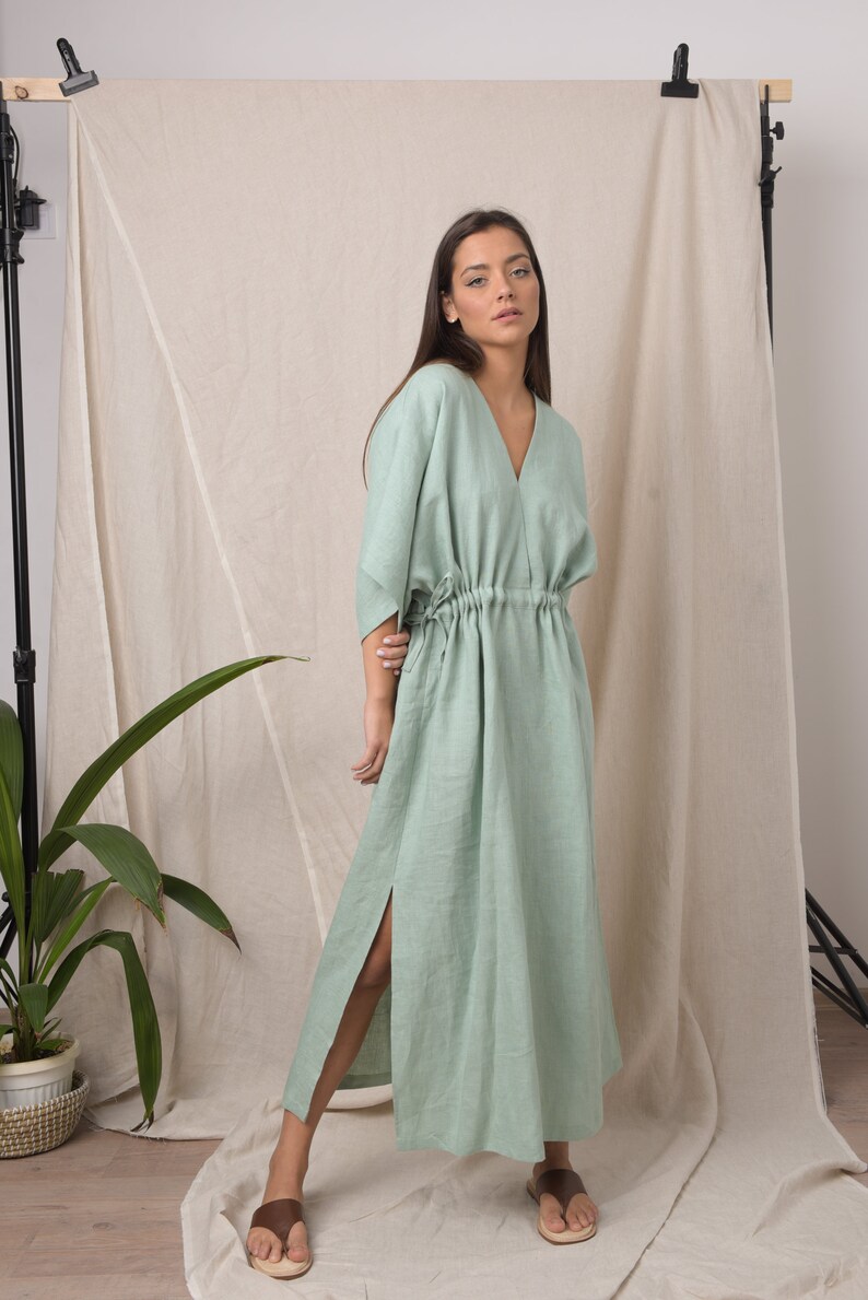 Boho linen dress / Organic linen dress / Linen kaftan / Summer linen dress / Long mint dress / Linen dress plus size / Kaftan maxi dress image 4