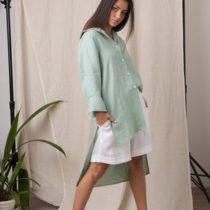 Asymmetrical tunic/ Mint shirt/ Plus size linen clothing/ Long sleeve shirt/ Oversized linen shirt/ Linen button up shirt image 2