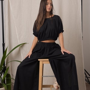 Linen two piece set / Maxi pants / Linen trousers women / Linen crop top / Linen top women / Black linen blouse / Plus size crop top image 1