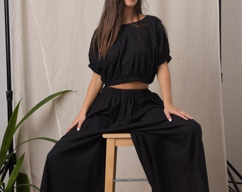 Linen two piece set / Maxi pants / Linen trousers women / Linen crop top / Linen top women / Black linen blouse / Plus size crop top