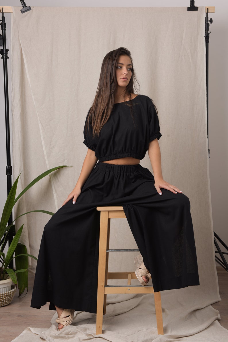 Linen two piece set / Maxi pants / Linen trousers women / Linen crop top / Linen top women / Black linen blouse / Plus size crop top image 1