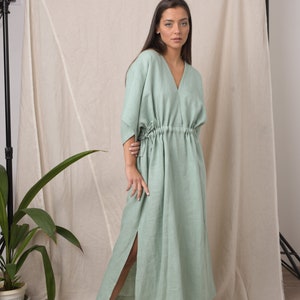 Boho linen dress / Organic linen dress / Linen kaftan / Summer linen dress / Long mint dress / Linen dress plus size / Kaftan maxi dress image 1