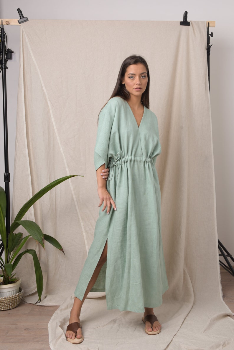 Boho linen dress / Organic linen dress / Linen kaftan / Summer linen dress / Long mint dress / Linen dress plus size / Kaftan maxi dress image 1