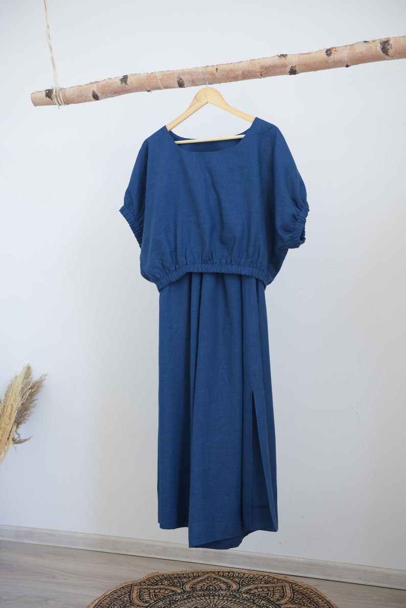 Linen two piece set / Maxi pants / Linen trousers women / Linen crop top / Linen top women / Black linen blouse / Plus size crop top Blue