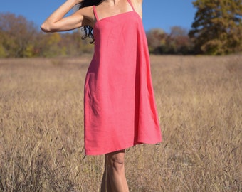 Pink linen dress/ Backless linen dress/ Summer linen dress/ Linen slip dress/ Boho slip dress/ Thin strap dress/ Sleeveless dress