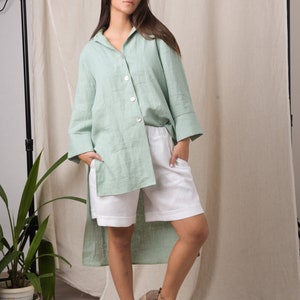 Asymmetrical tunic/ Mint shirt/ Plus size linen clothing/ Long sleeve shirt/ Oversized linen shirt/ Linen button up shirt image 5