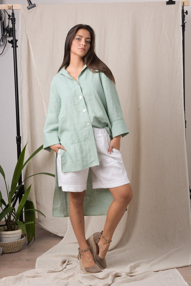 Asymmetrical tunic/ Mint shirt/ Plus size linen clothing/ Long sleeve shirt/ Oversized linen shirt/ Linen button up shirt image 5