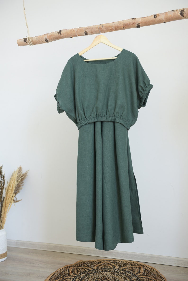 Linen two piece set / Maxi pants / Linen trousers women / Linen crop top / Linen top women / Black linen blouse / Plus size crop top Green
