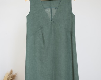 Green midi dress/ Loose linen dress/ V neck dress/ Midi slip dress/ French dress/ Olive green dress/ Linen midi dress/ Linen clothing