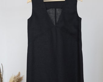 V neck dress/ Loose linen dress/ Linen black dress/ Summer linen dress/ Sleeveless linen dress/ Basic black dress/ Minimalist dress