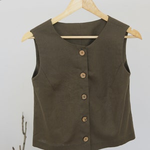 Linen vest women / Linen crop top / Linen top sleeveless / Linen button up shirt / Khaki top / Oversized top / Olive green top / Linen vest image 4