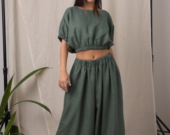 Linen two piece set / Linen loose pants / Linen crop top / Green crop top / Skirt pants / Wide leg pants women / Linen pants for women