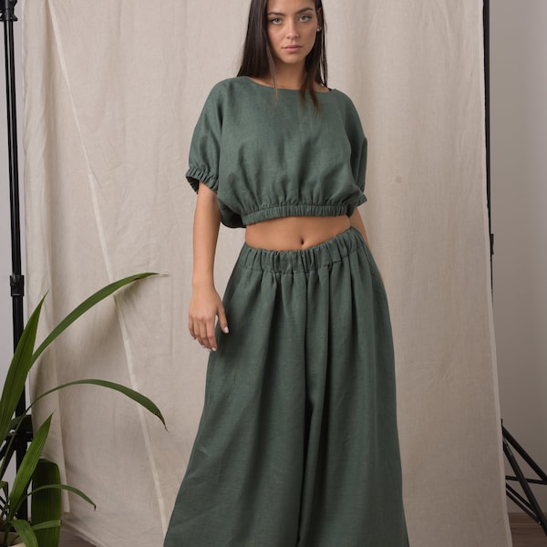 Linen two piece set / Linen loose pants / Linen crop top / Green crop top / Skirt pants / Wide leg pants women / Linen pants for women