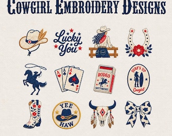 Set med 12 broderimönster med western rodeo-ikoner, broderifil med western cowboy, broderipaket med western, broderifil med rodeo-ikoner